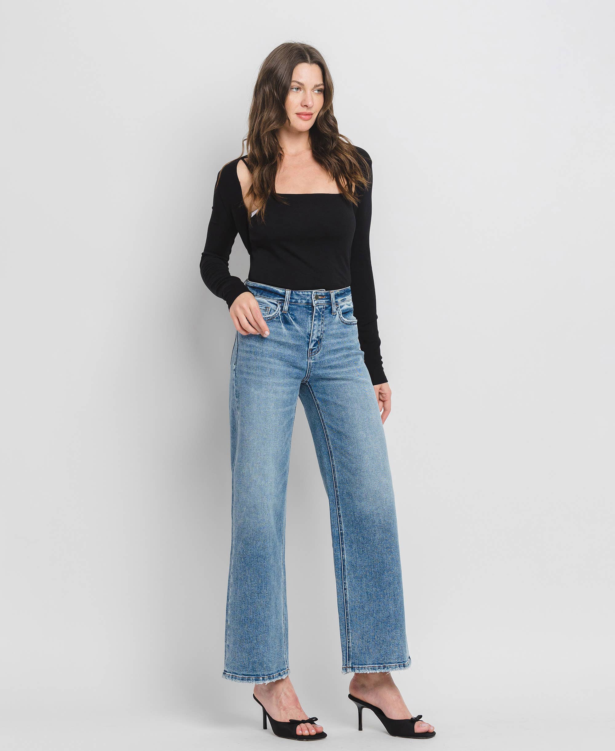 High Rise Wide Leg Jeans - Full Length Comfort Stretch Denim