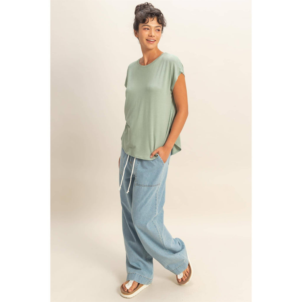 Relaxed Dolman Short Sleeve  Round Neck Top