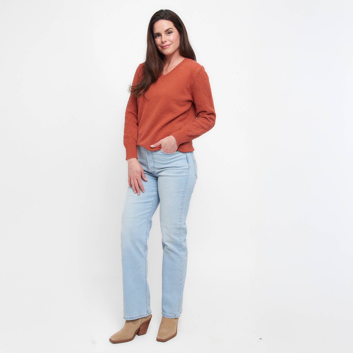 Elsie & Zoey - Emery Diamond Crochet Sleeve V-Neck Sweater
