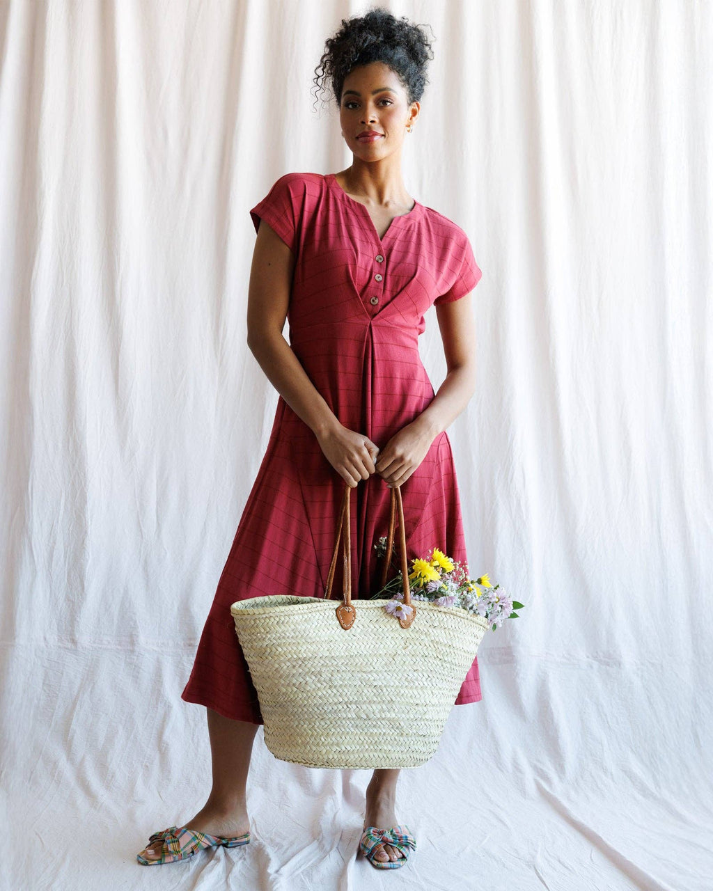 Downeast - Red Short Sleeve Inverted Pleat Midi Length Knit Dress