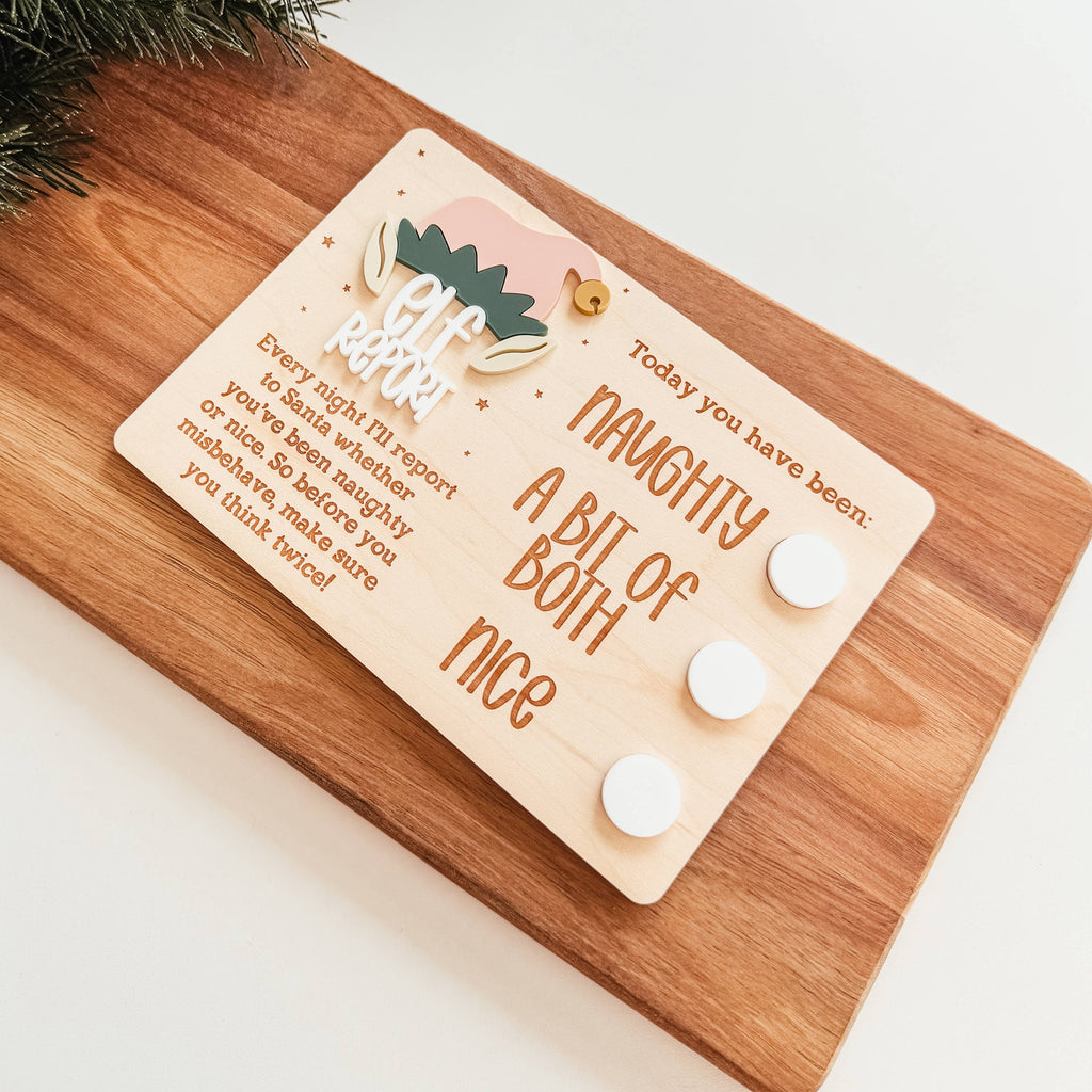 Wooden Elf Report Sign with 3D lettering and dry-erase circles for Christmas holiday decor