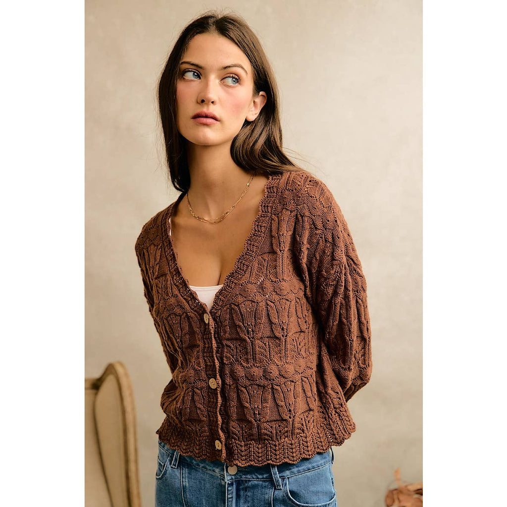 Textured Scallop Edge Button Cardigan Sweater
