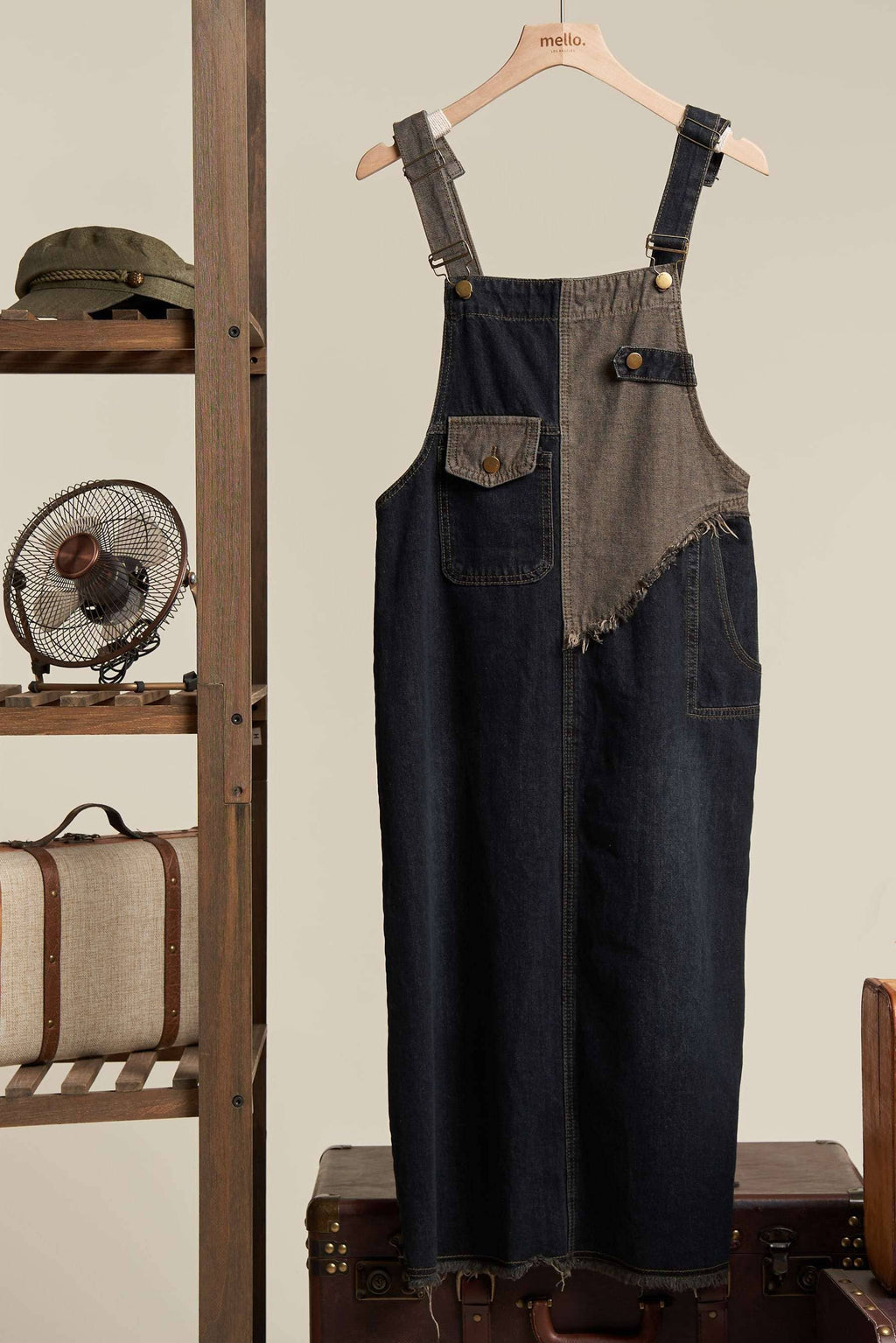 Denim Overall Dress | Trendy Denim Color Block Overall Dress