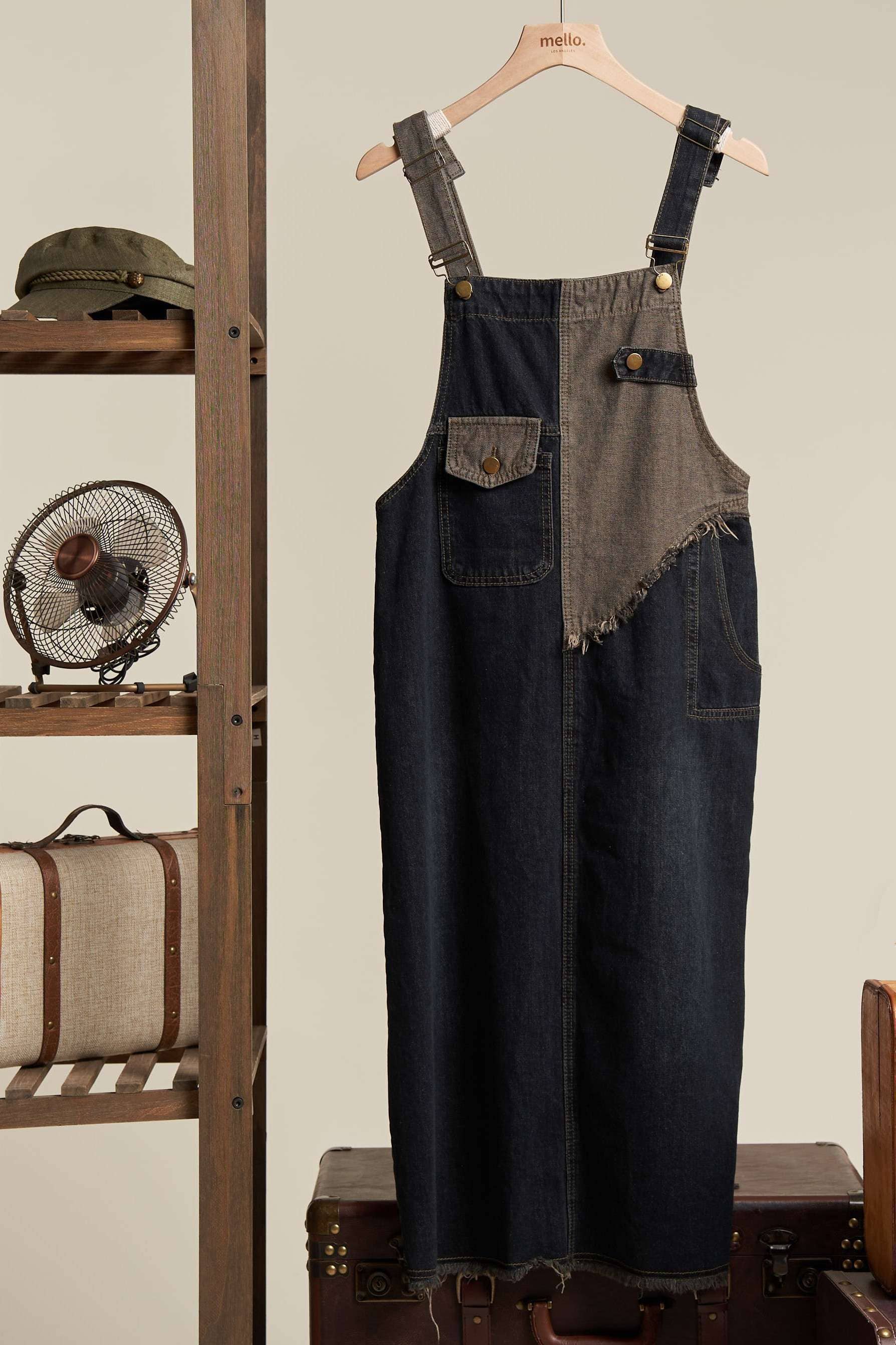 Denim Overall Dress | Trendy Denim Color Block Overall Dress