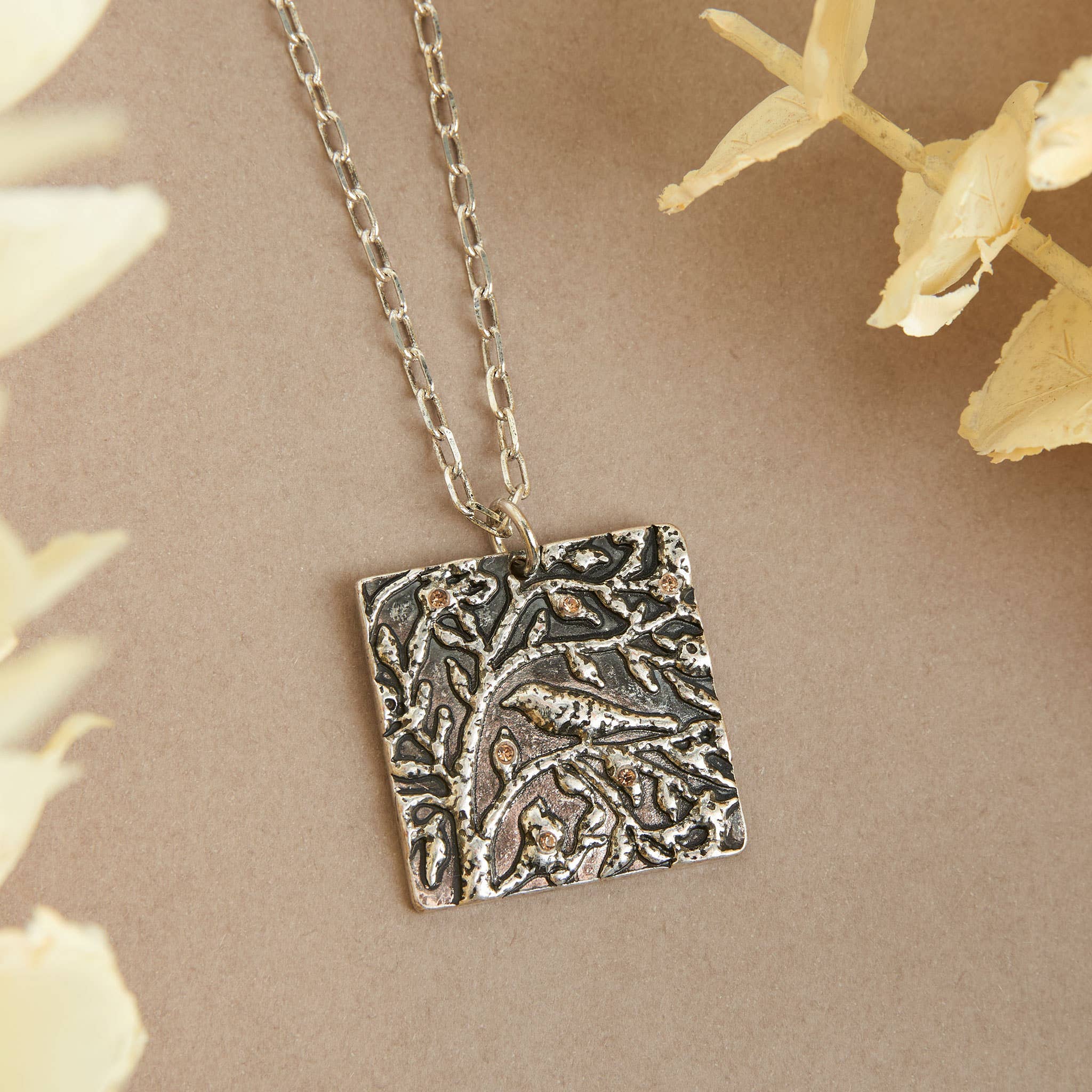 Silver Pendant Necklace – Dahlia Floral Pendant with Crystal Accents