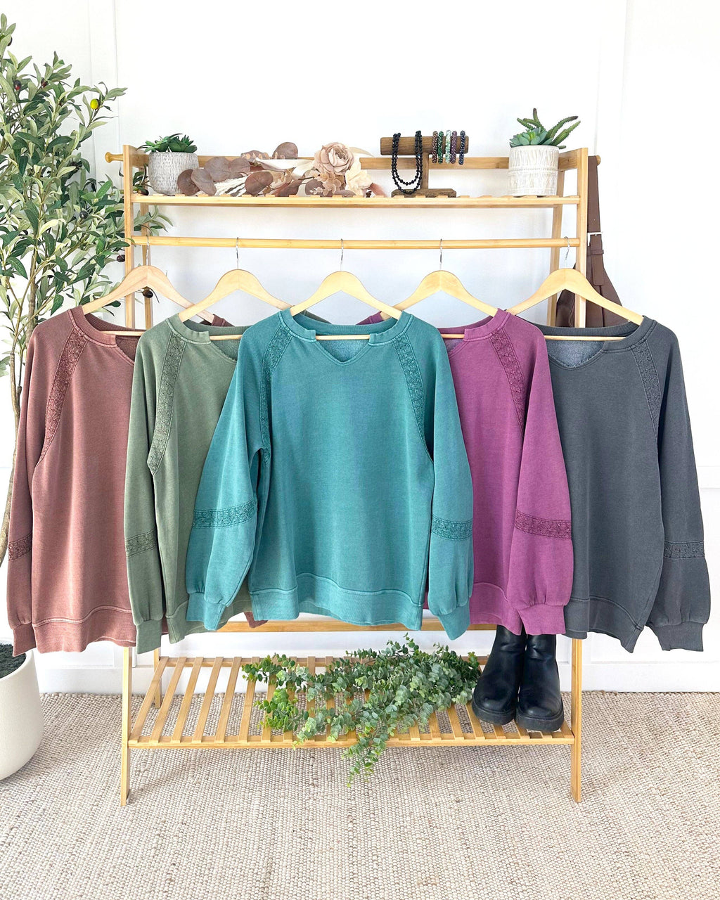 Lace Accent Vintage Wash Pullover - Brown