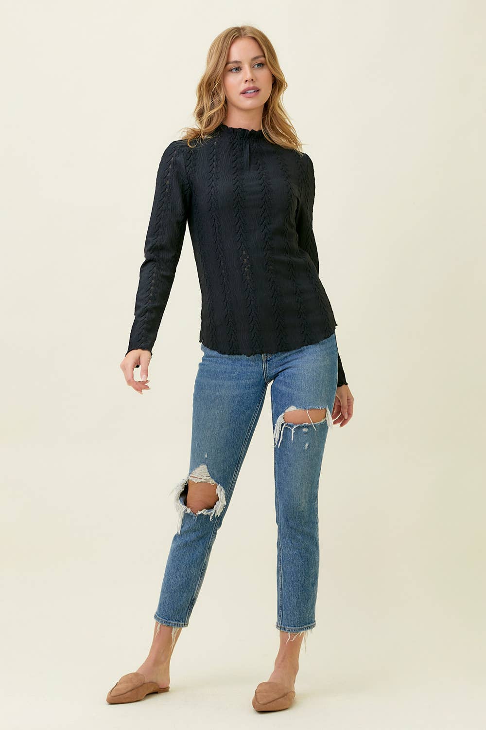 Black Mock Neck Lettuce Edge Textured Top Fall-Winter Mystree