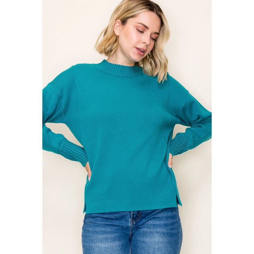 Mock Neck Heavy Solid Sweater In Jade