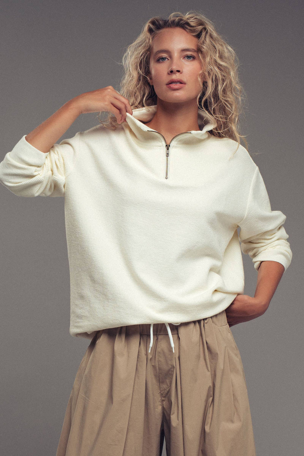 Vintage Washed Quarter Zip Ribbed Sweatshirt