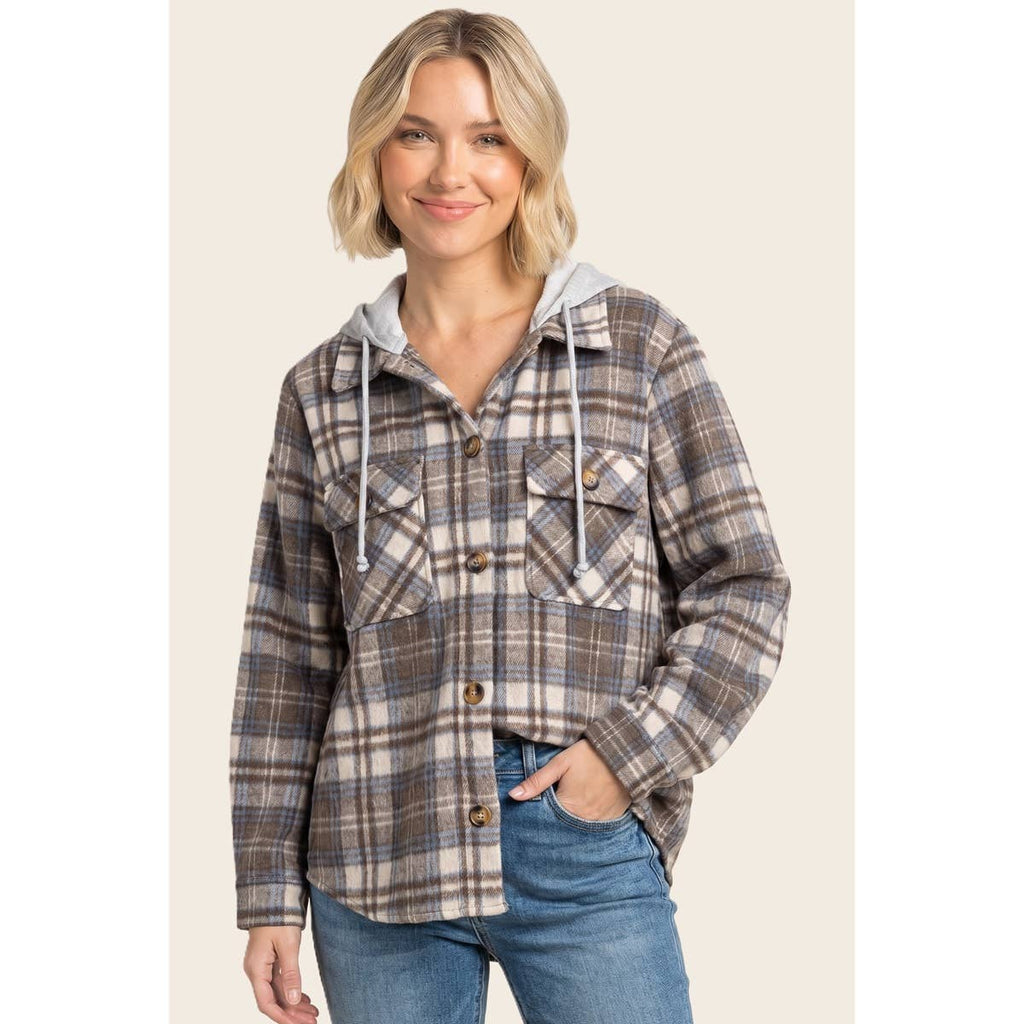 TERRY HOODED BRUSHED PLAID SHACKET