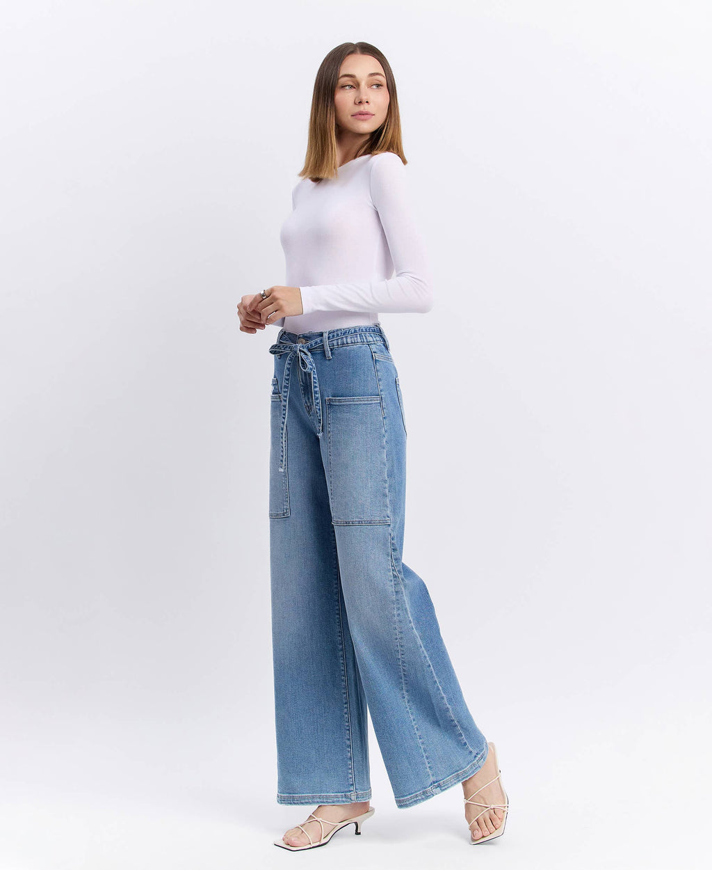 HIGH RISE ELASTIC TIE WAISTBAND BAGGY WIDE JEANS