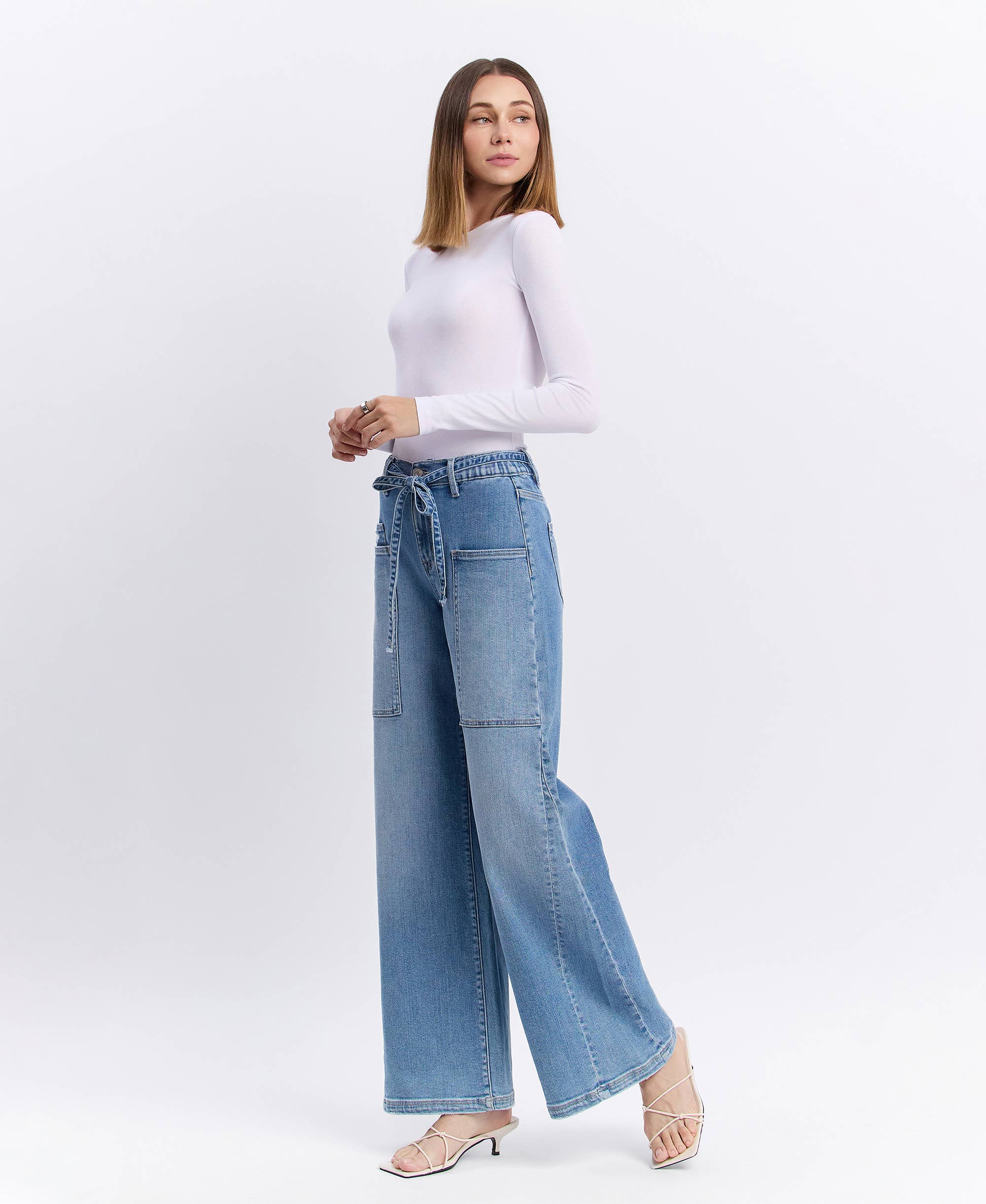 HIGH RISE ELASTIC TIE WAISTBAND BAGGY WIDE JEANS
