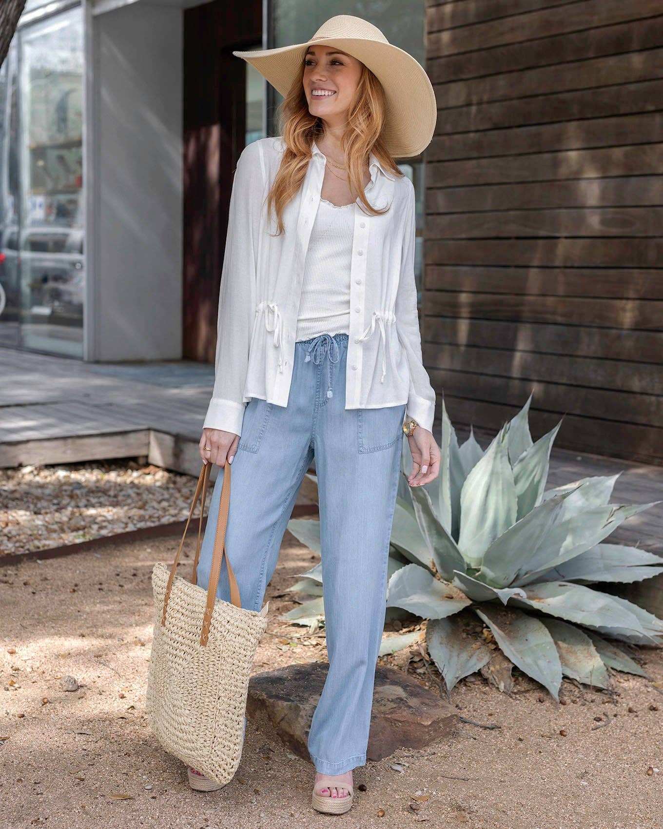 Tencel™ Lyocell Drawstring Wide Leg Pants in Chambray Wash Spring-Summer Grace and Lace