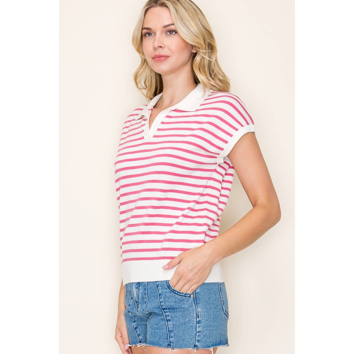 IVORY & PINK JOHNNY COLLAR POLO SWEATER TOP STACCATO