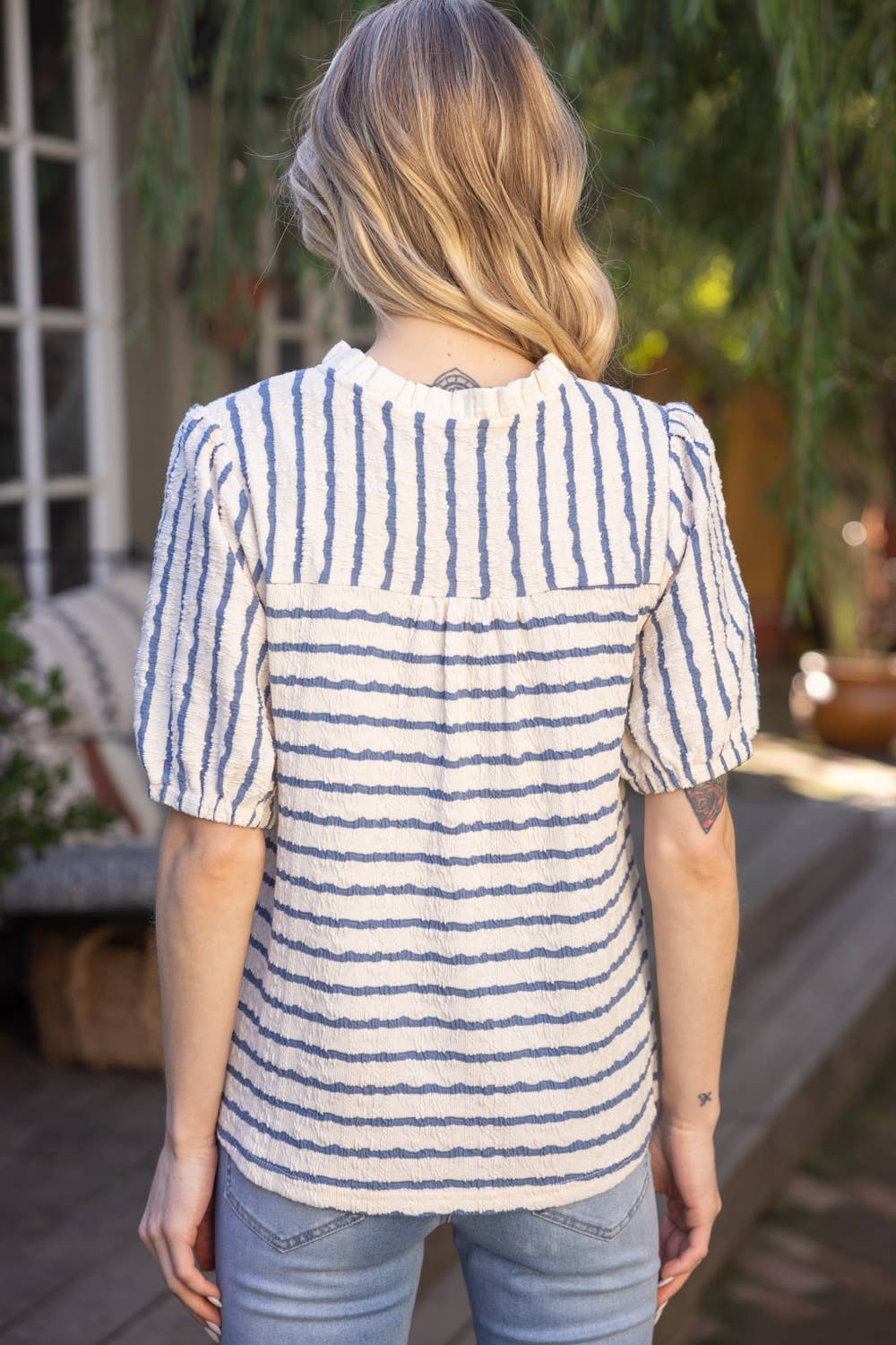 Ruffled Neck Button Front Striped Knit Top: Blue Spring-Summer VOY