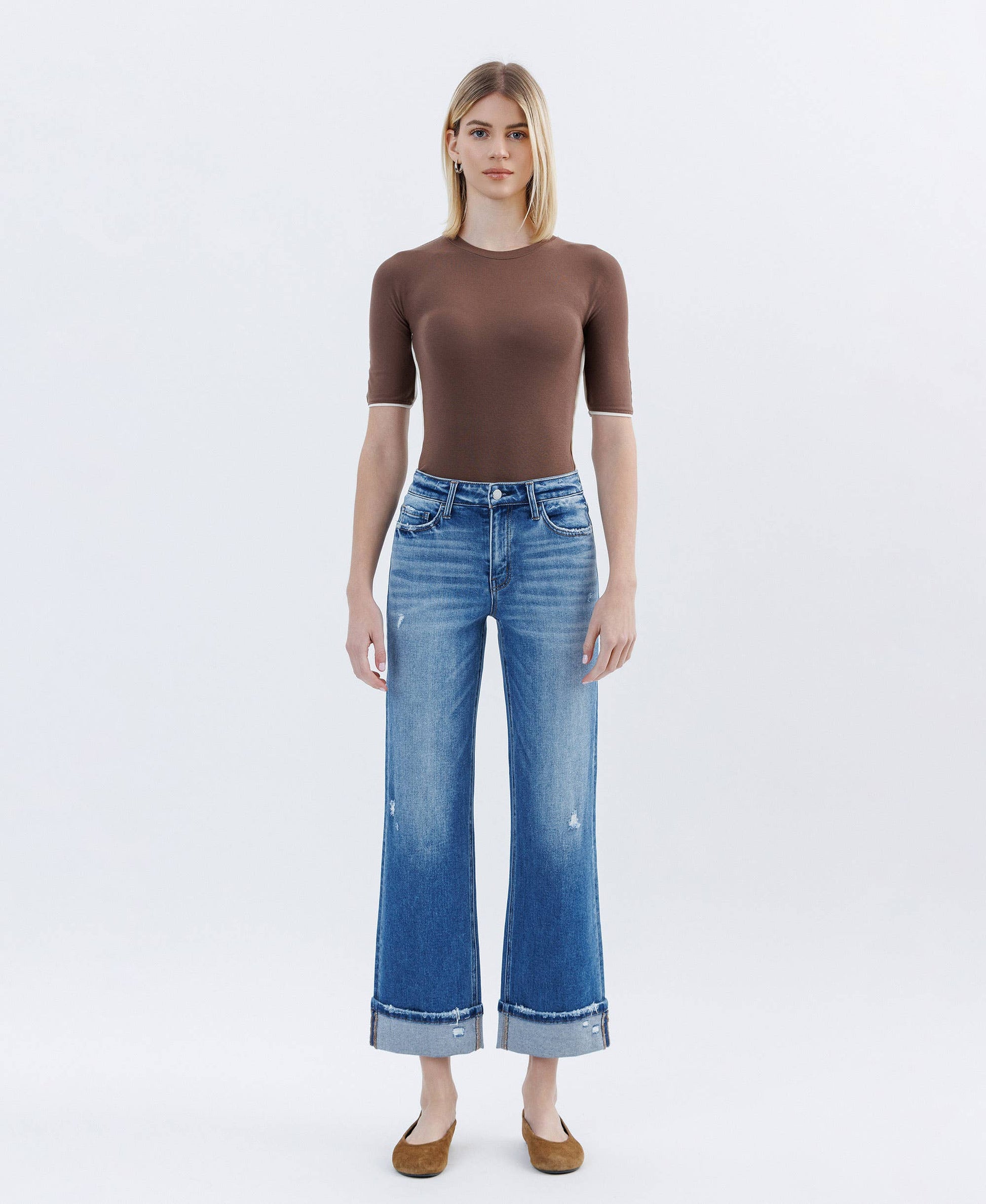 HIGH RISE CUFFED SLIM WIDE LEG JEANS FLYING MONKEY