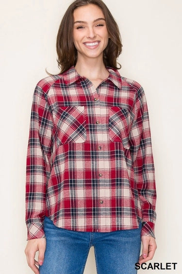 Scarlet Button Down Plaid Shirt with Double Chest Pockets Fall-Winter Staccato