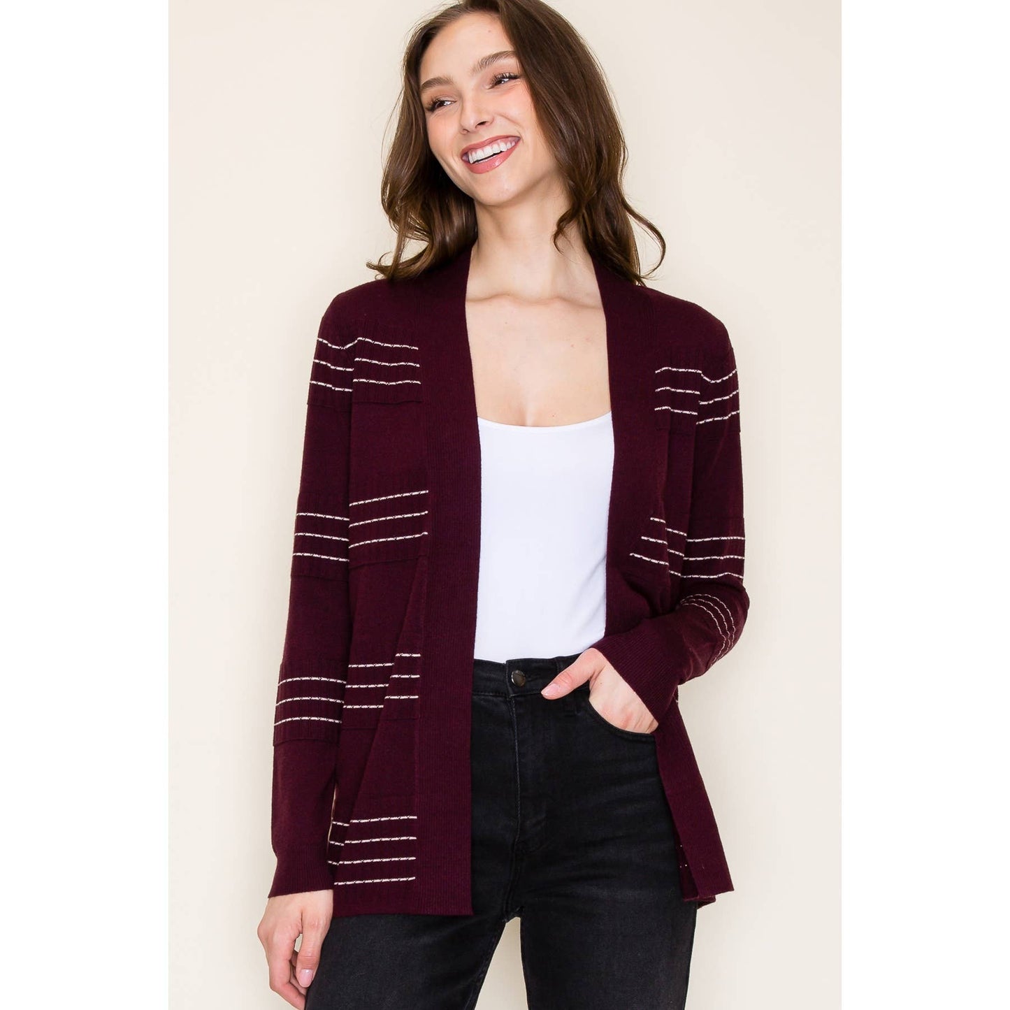 Stitch Striped Open Front Cardigan in Fig STACCATO