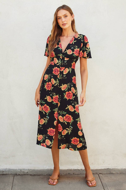 Autumn Sunset Floral Button Down Midi Dress Dress Forum
