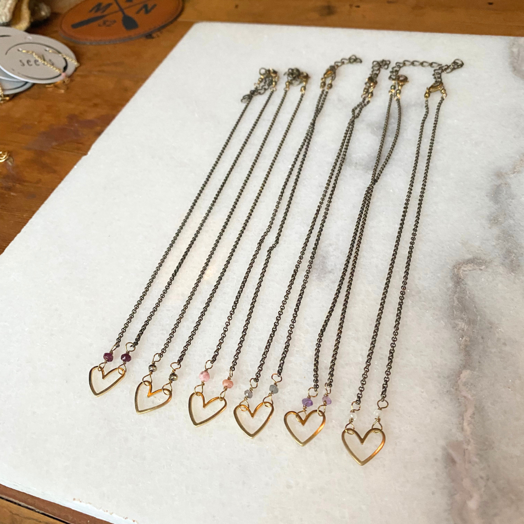 Heart Necklace | Semi-Precious Stones + Brass Charms