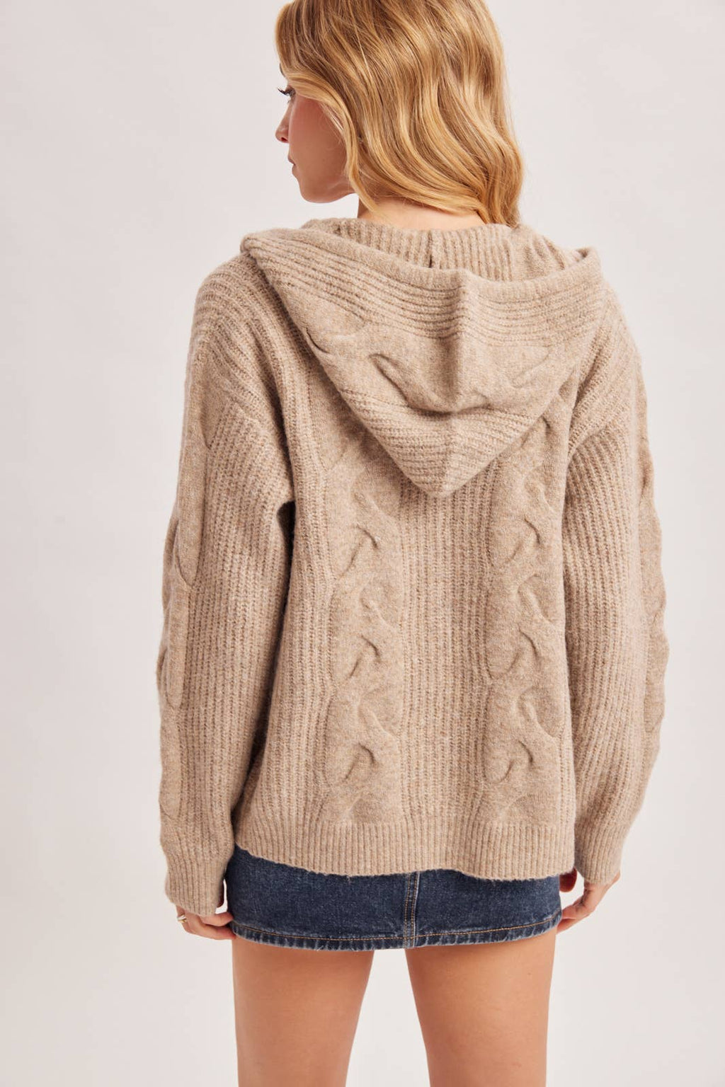 CABLE KNIT SWEATER CARDIGAN WITH HOOD