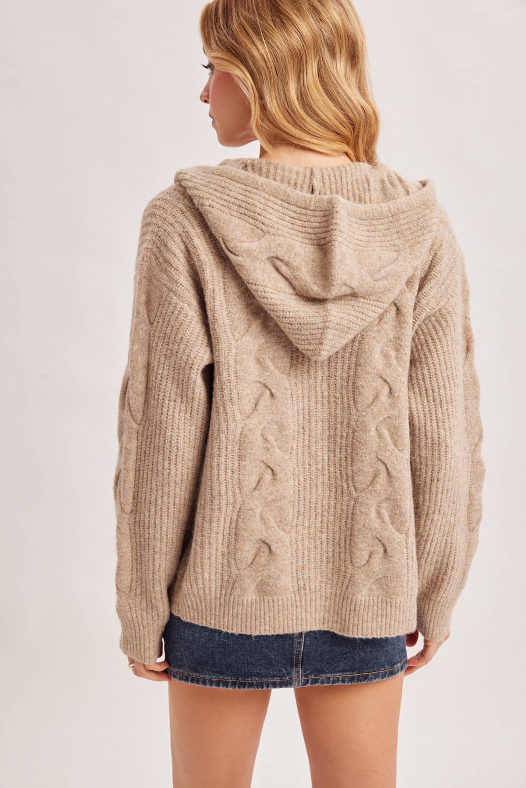 CABLE KNIT SWEATER CARDIGAN WITH HOOD
