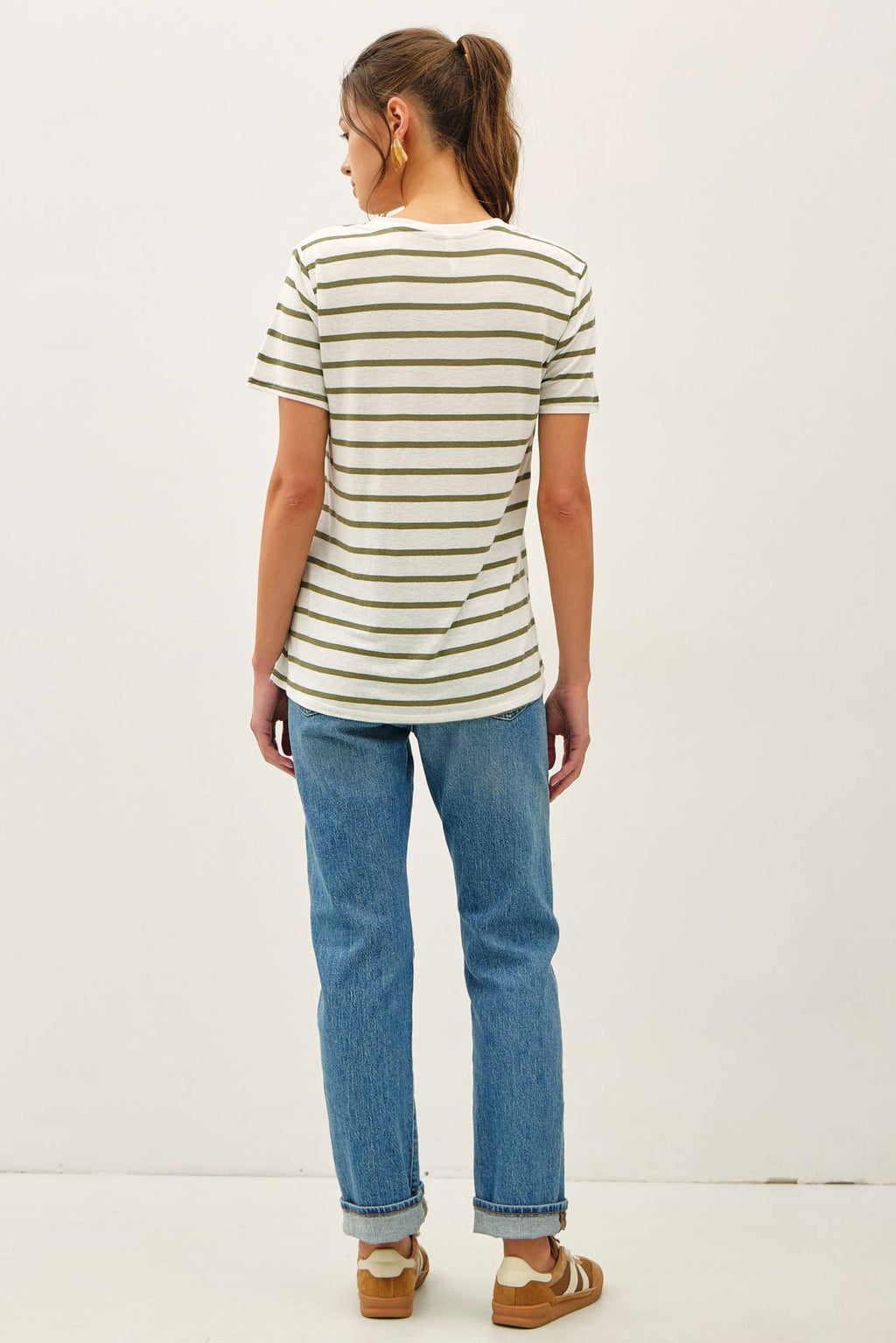 COTTON LINEN BLEND RELAXED FIT STRIPED T-SHIRT