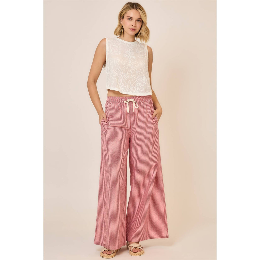 Cozy Casual, Inc. - Pinstripe Wide Leg Pants with Drawstring