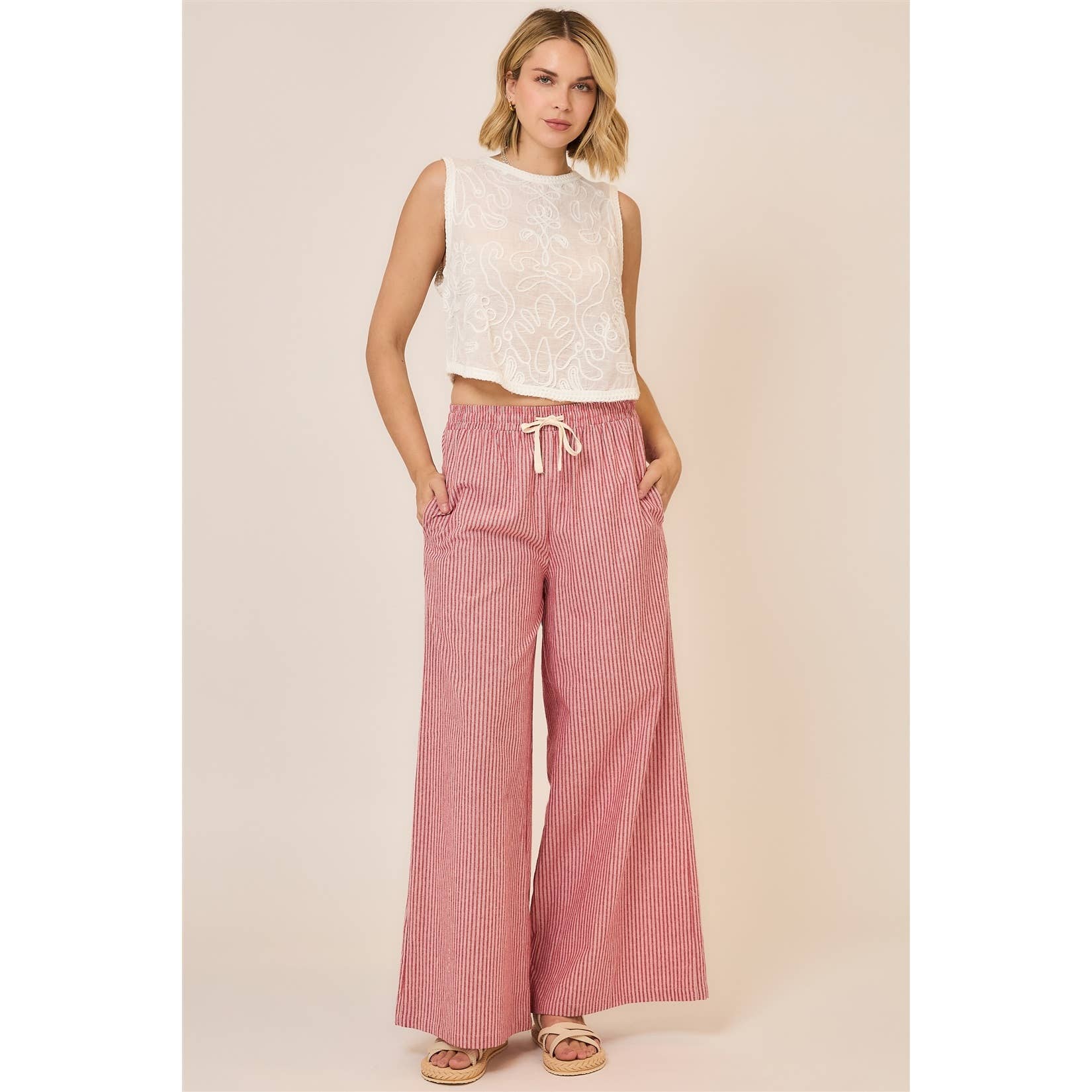 Cozy Casual, Inc. - Pinstripe Wide Leg Pants with Drawstring