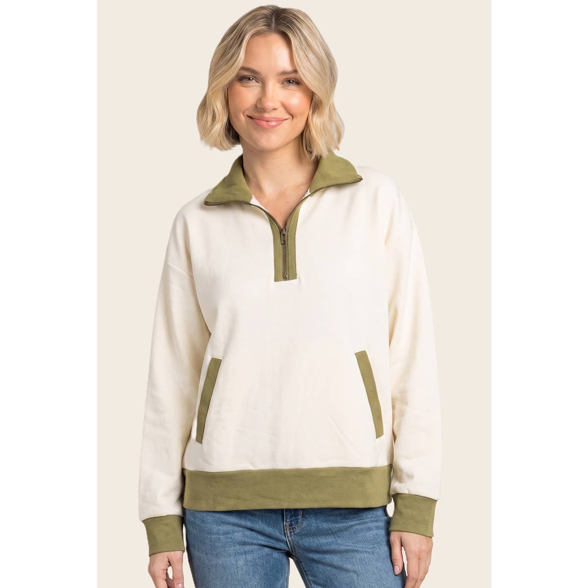 MOCK NECK HALF ZIP COLOR BLOCKED SWEATSHIRT