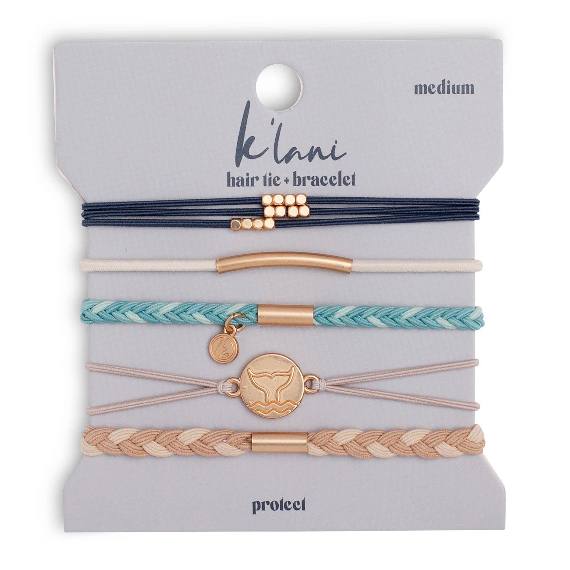 K'lani hair tie bracelets - "Protect" Beachy Blues and Sands with Whale Charm Hair Tie Bracelets