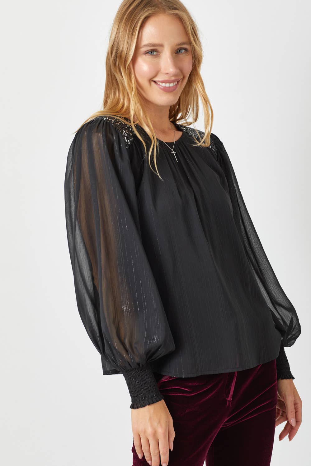 Black Flowy Glitter Chiffon Blouse Fall-Winter Mystree