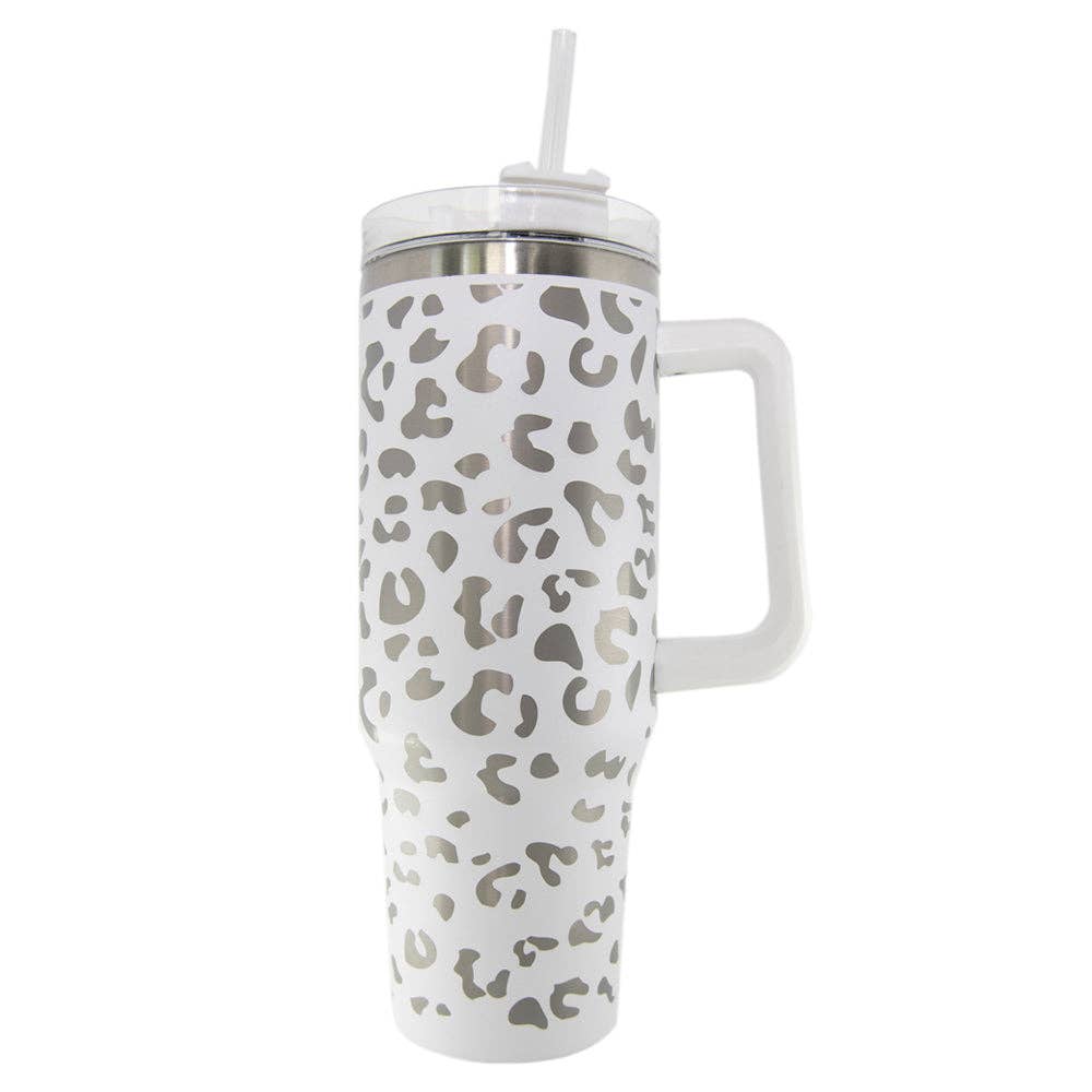 White METALLIC Leopard Tumbler Cup with Handle Core Katydid