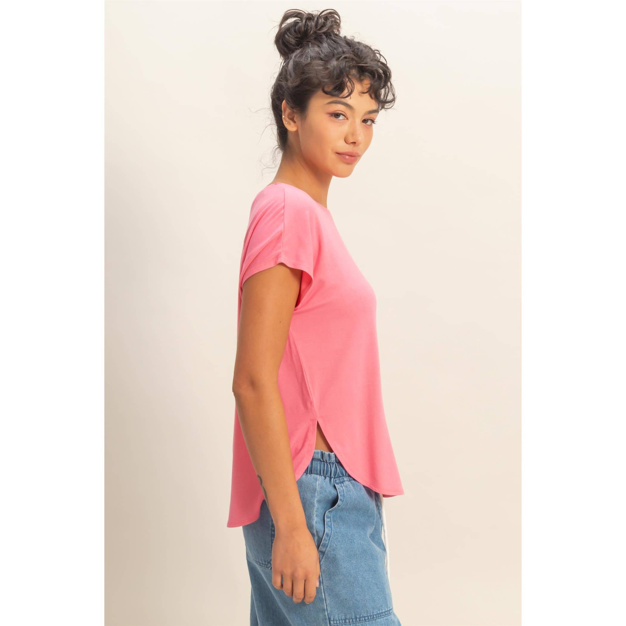 Relaxed Dolman Short Sleeve  Round Neck Top