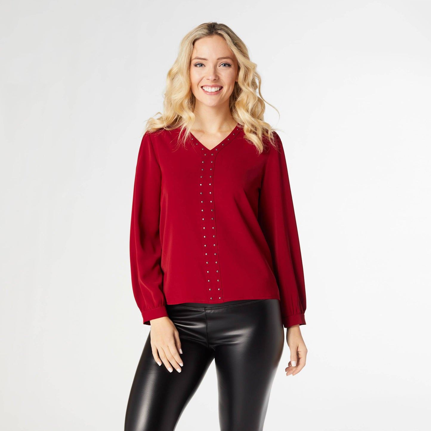 Chloe Burgundy V-Neck Blouse with Studs Fall-Winter COCO + CARMEN