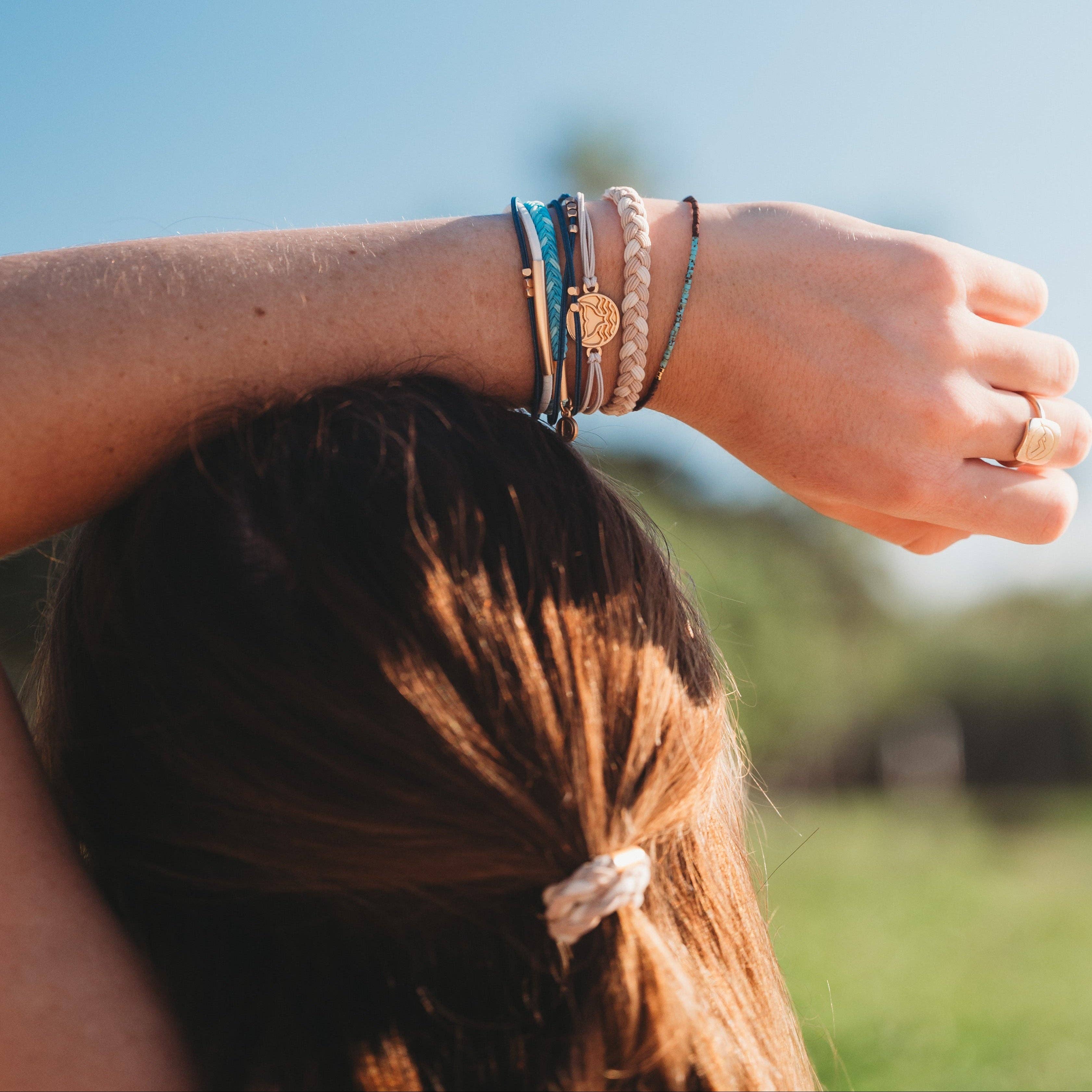 K'lani hair tie bracelets - "Protect" Beachy Blues and Sands with Whale Charm Hair Tie Bracelets