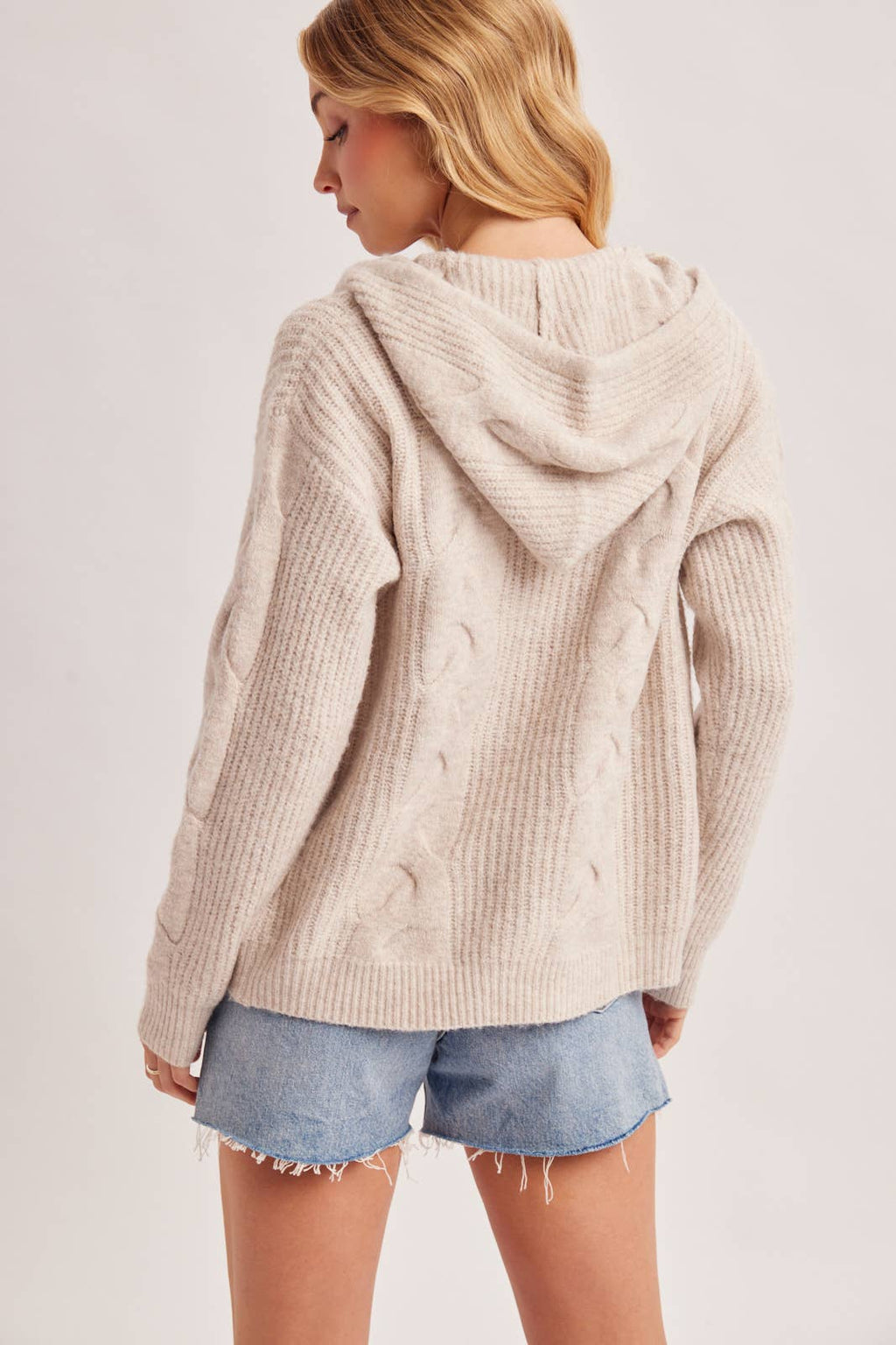 CABLE KNIT SWEATER CARDIGAN WITH HOOD