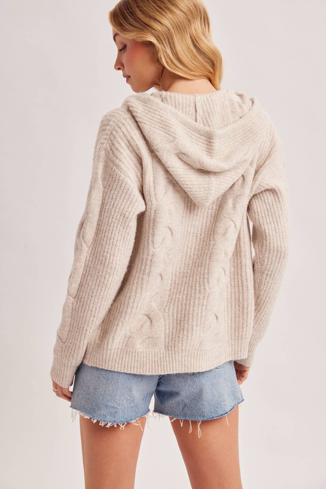 CABLE KNIT SWEATER CARDIGAN WITH HOOD