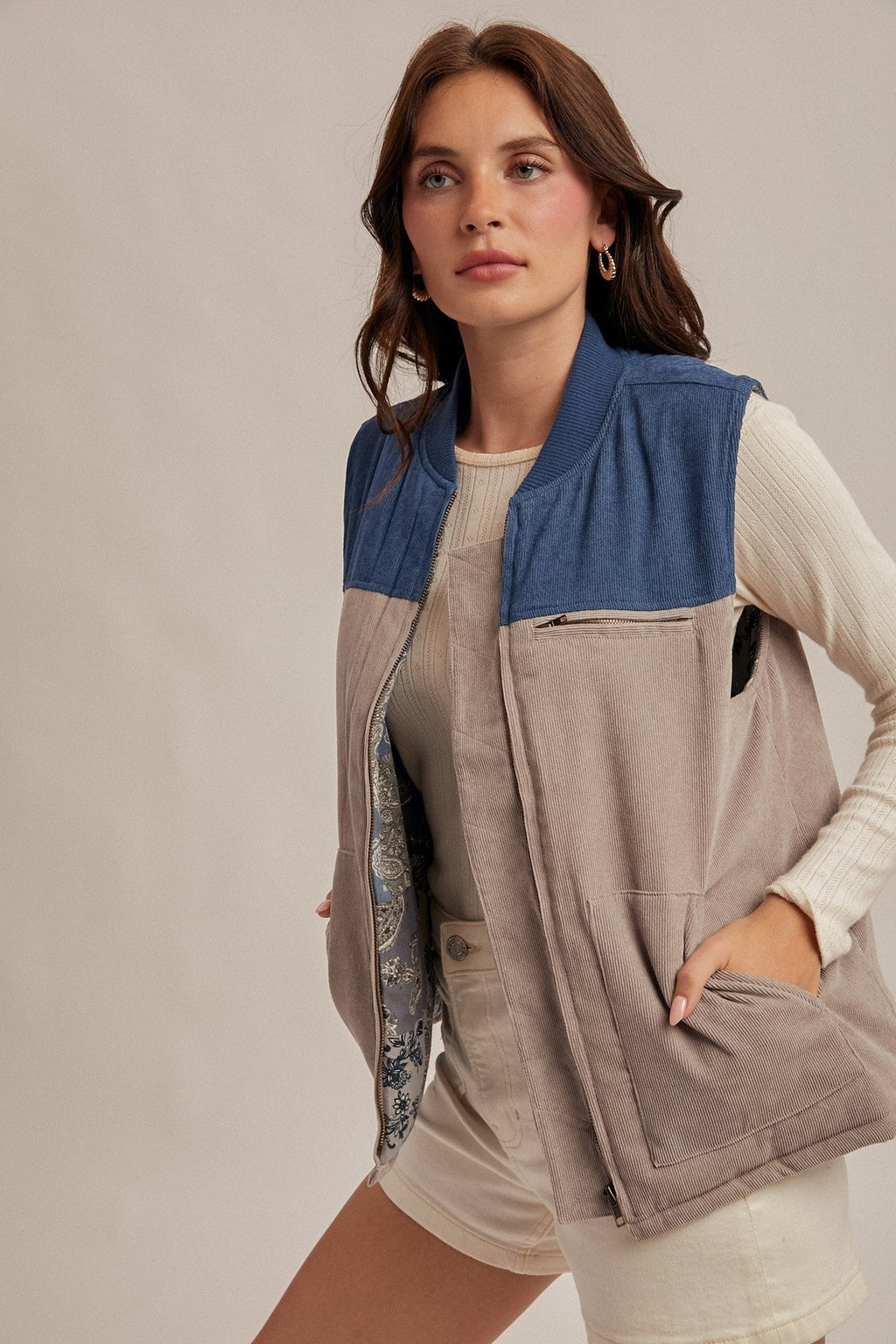 Corduroy Vest – Mixed Print Lining and Color Block Dolphin Grey & Blue