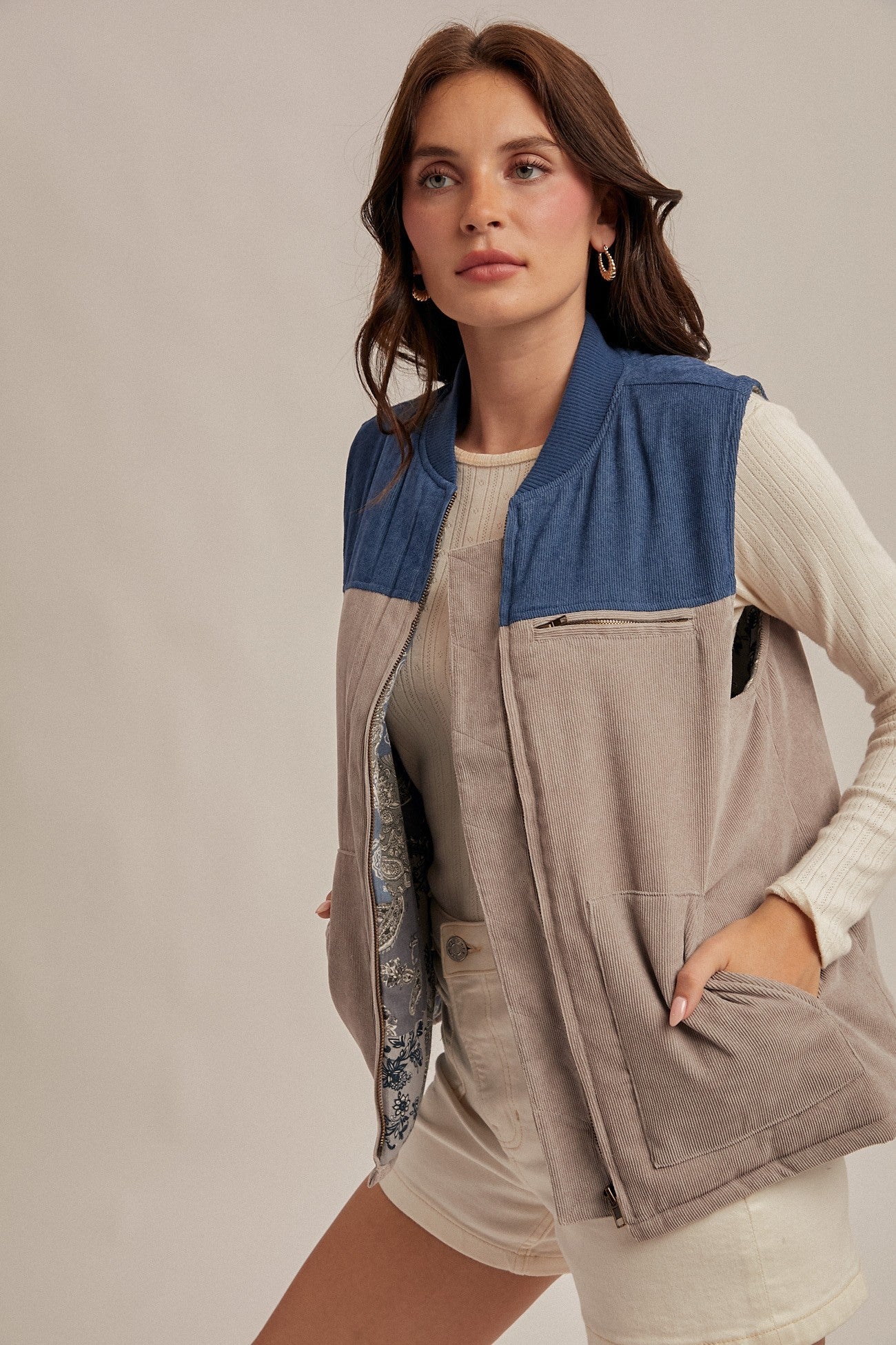 Corduroy Vest – Mixed Print Lining and Color Block Dolphin Grey & Blue