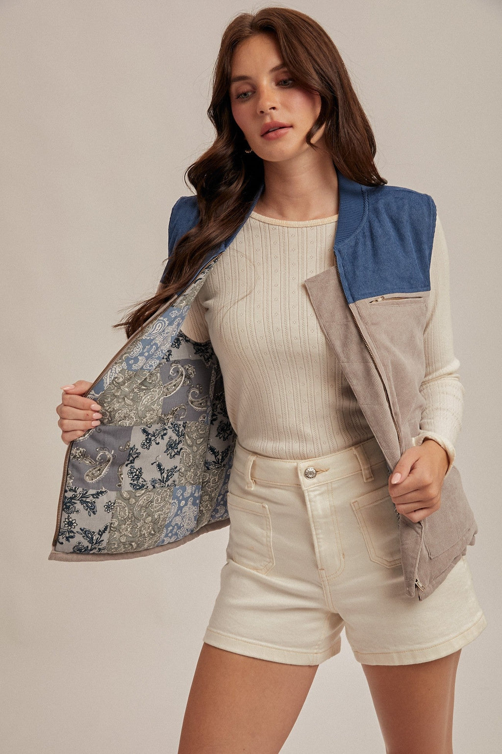 Corduroy Vest – Mixed Print Lining and Color Block Dolphin Grey & Blue