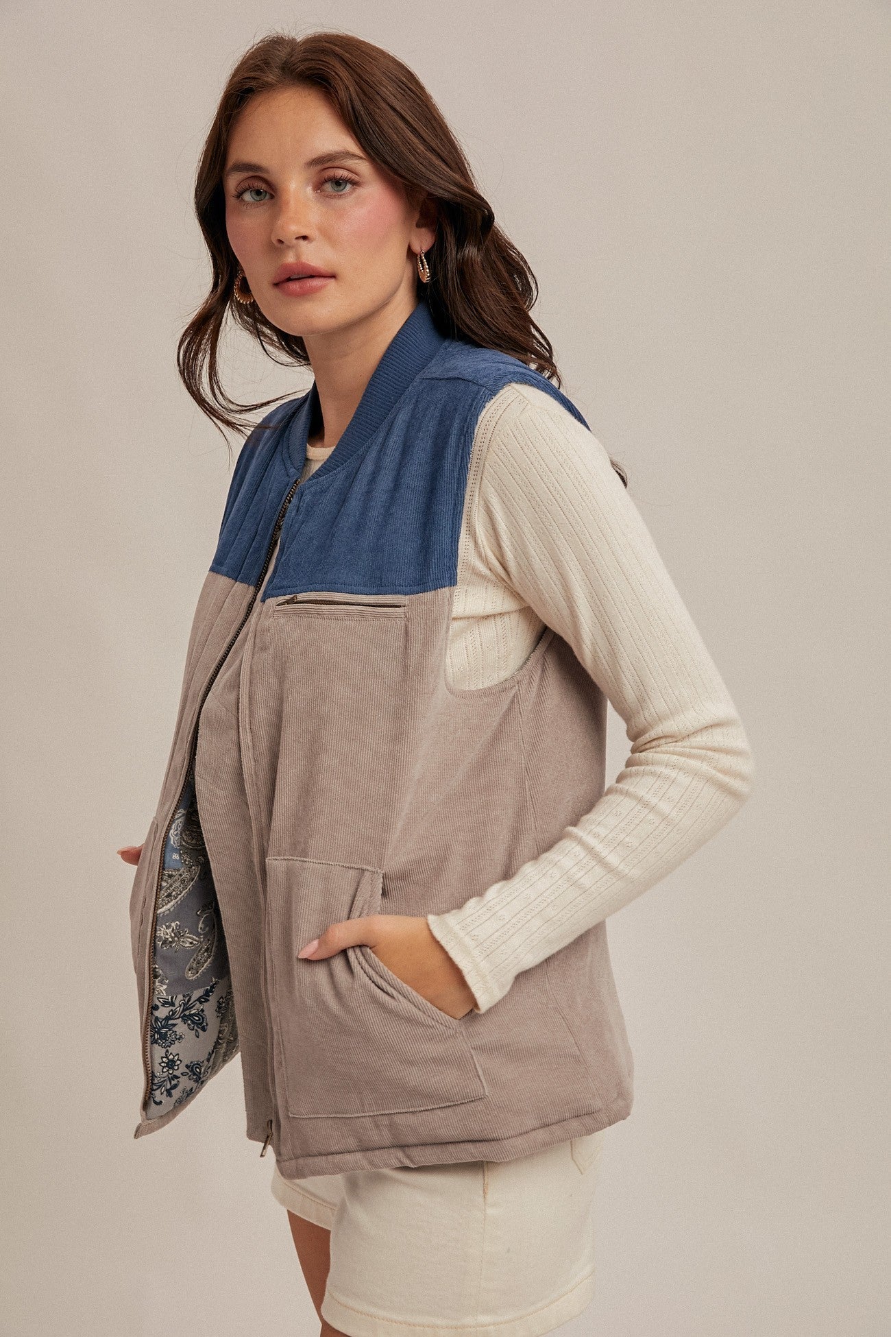 Corduroy Vest – Mixed Print Lining and Color Block Dolphin Grey & Blue