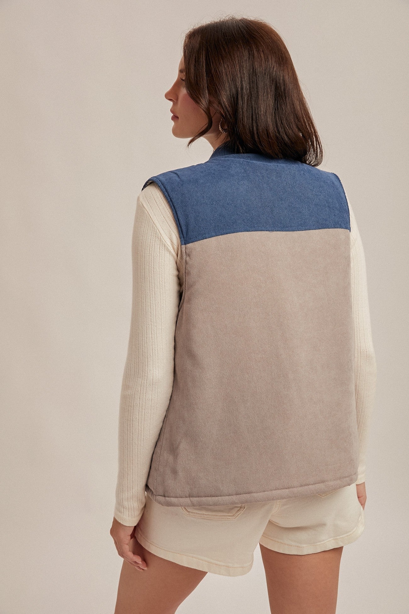 Corduroy Vest – Mixed Print Lining and Color Block Dolphin Grey & Blue
