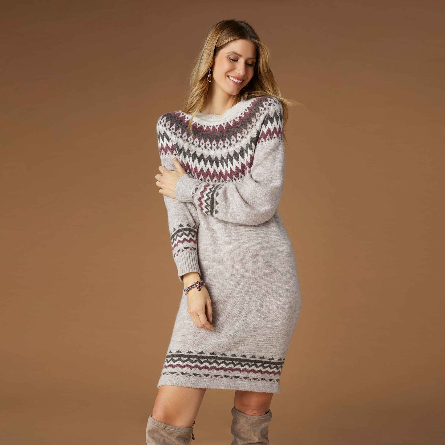 Taupe, Cream, & Wine Fair Isle Sweater Dress Fall-Winter COCO + CARMEN