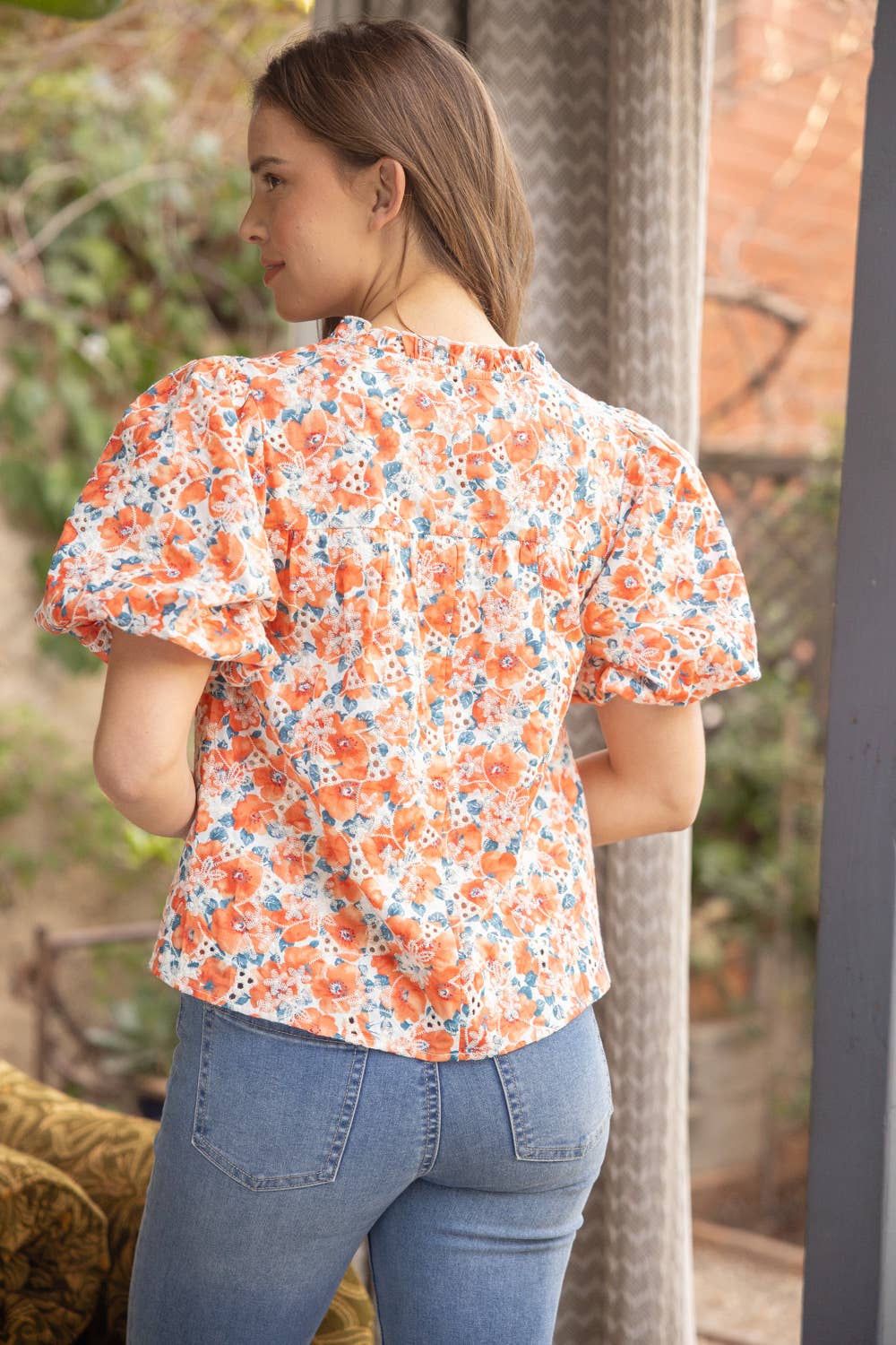 Printed Eyelet Bubble Sleeve and Tassel Orange Top Spring-Summer VOY