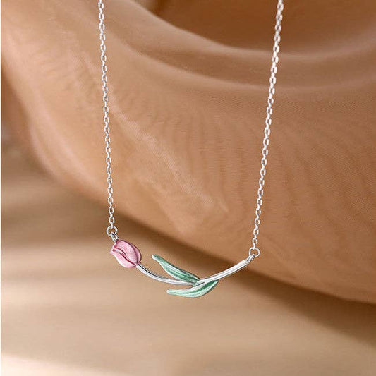 Horizontal Tulip Flower Necklace in 925 Sterling Silver Core Perimade & Co. LLC