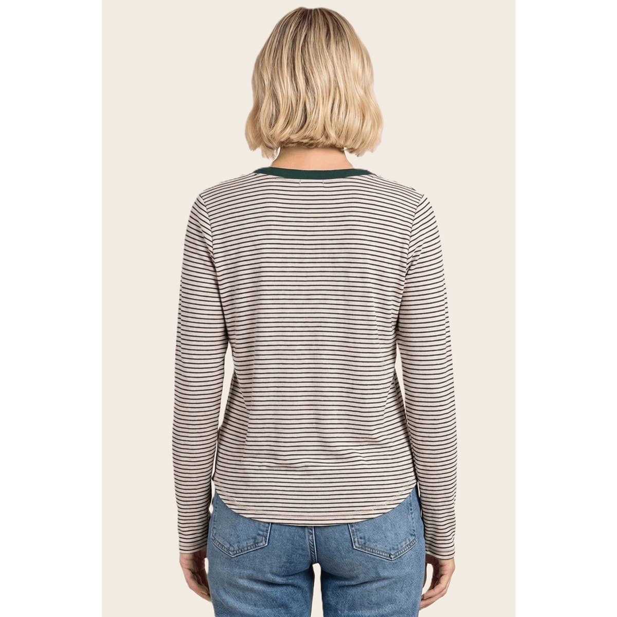 Y-Split Button Neck Striped Top