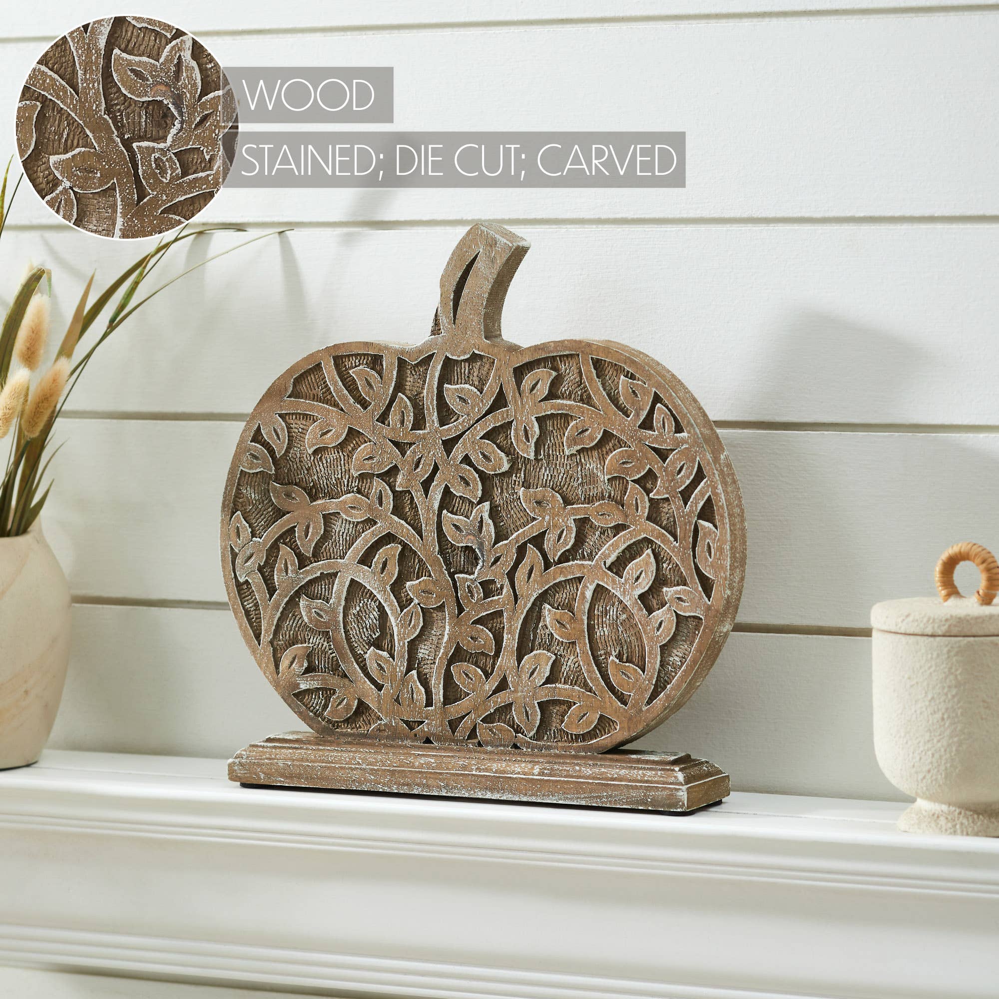 Harvest Vine Carved Wooden Pumpkin Rustic Natural Fall Tabletop Decor 12x11x2 Autumn Accent