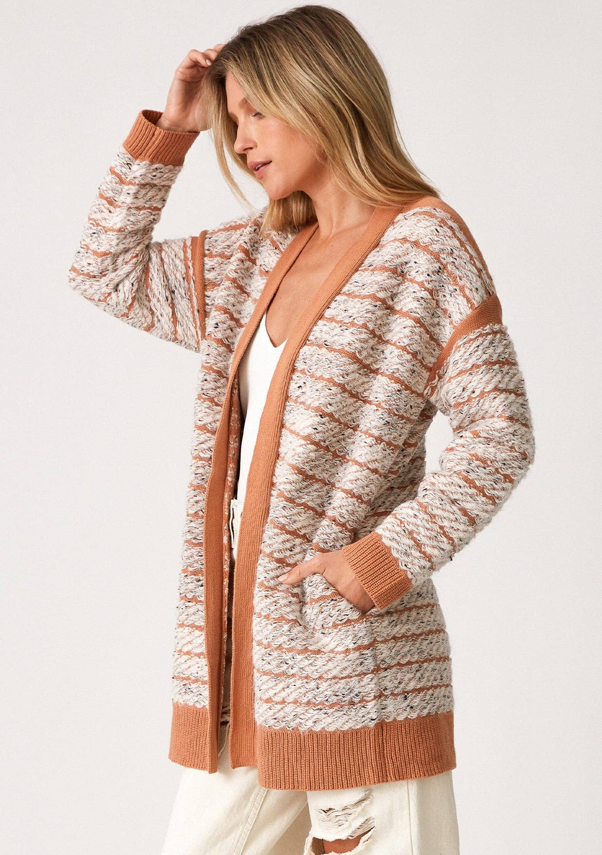 Lovestitch - Contrast Trim Speckled Loop Open Front Cardigan Lovestitch