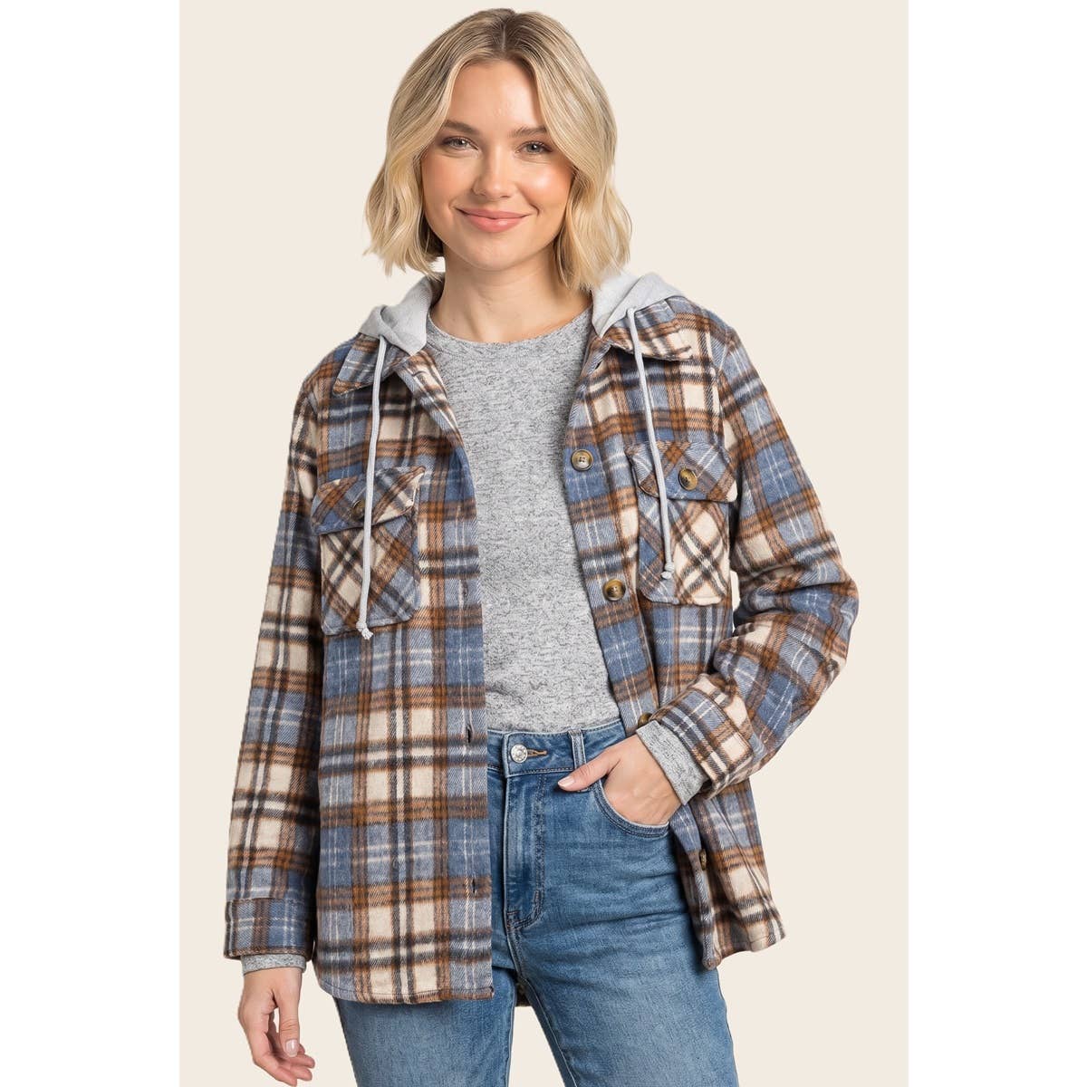 TERRY HOODED BRUSHED PLAID SHACKET
